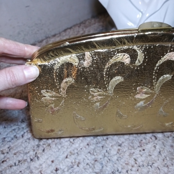 Vintage ER Miami Metallic Gold Embroidered Faux Leather Clasp Top Clutch Purse - Picture 9 of 16